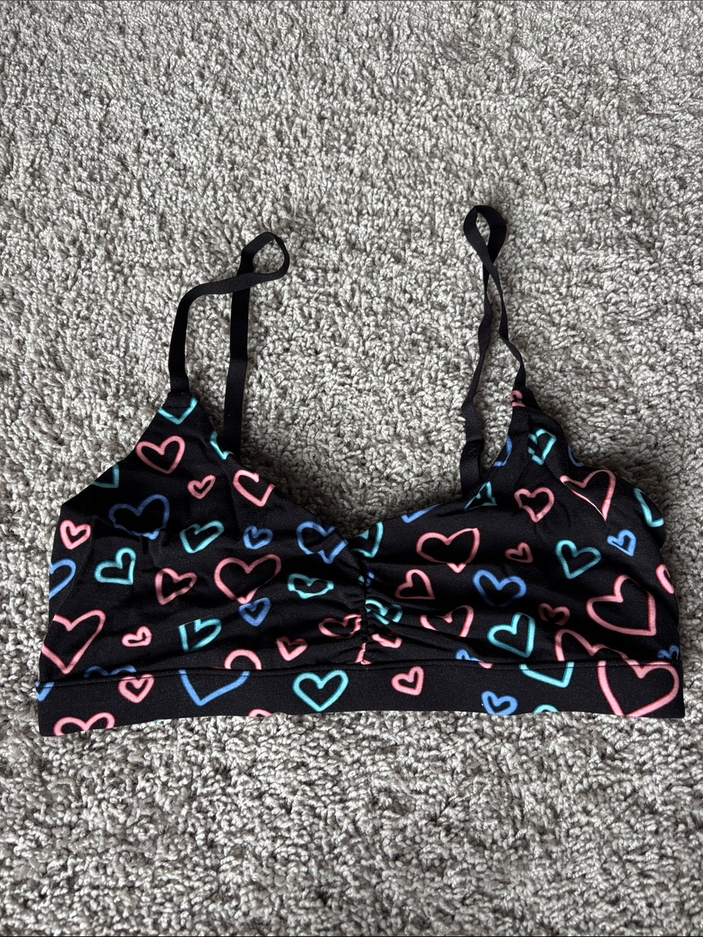 MeUndies Black Bralette with Pink, Blue & Teal Heart Print